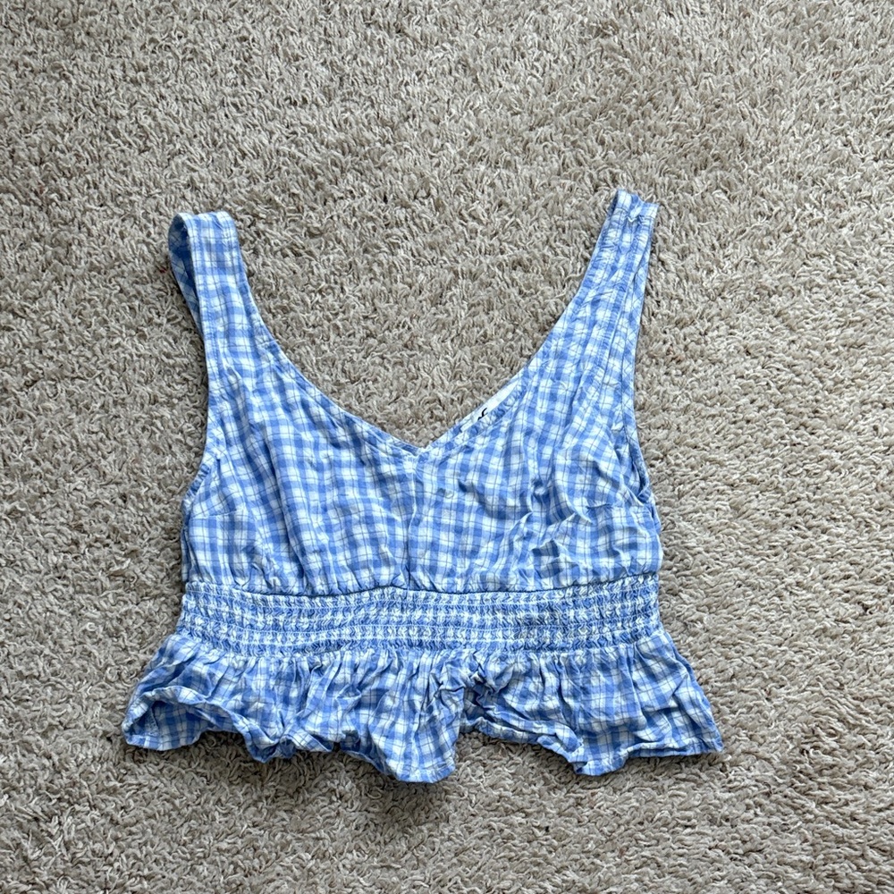 Hollister Blue and white checkered ruffled tank top